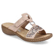 Women’s pink slide sandal with rhinestone embellishments, a silver ring detail, and a low brown wedge heel. Style #608K2-31