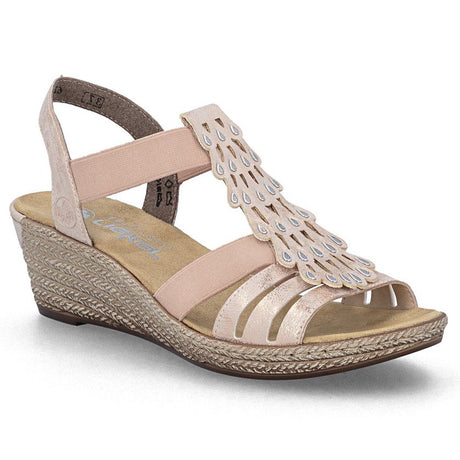 Rose gold wedge sandal with laser-cut metallic strap, elastic bands, and a braided platform sole. Style #62436-31