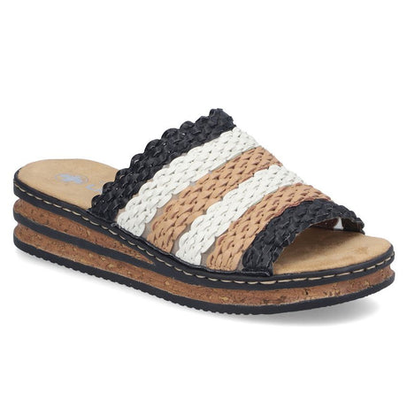 Women's slide sandal with black, white, and tan woven straps on a cork-textured platform wedge. Style #629P8-90