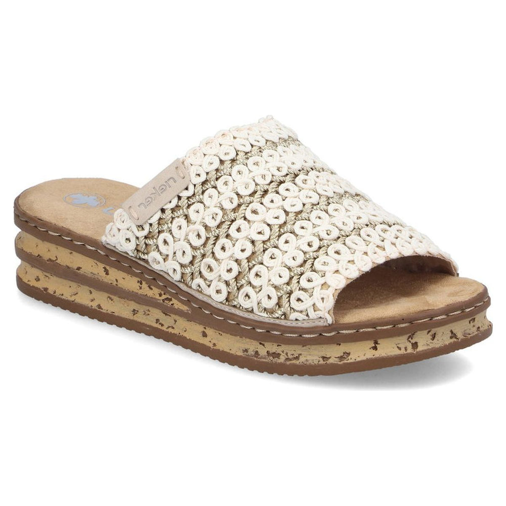 Women's beige slide sandal with a woven macramé strap and a tiered cork-patterned platform wedge sole. Style #629X8-60