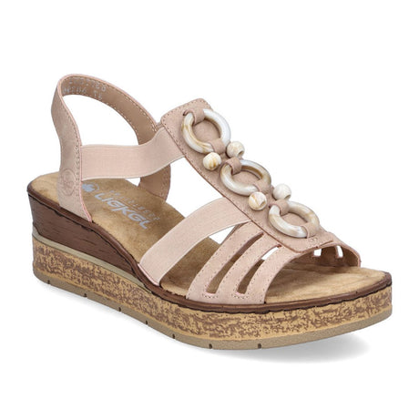 Side profile of Rieker pink wedge sandal for women – style 62778-31