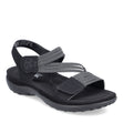Women's black sandal with textured cross straps, Velcro closure, and a cushioned sole. Style #64870-00.