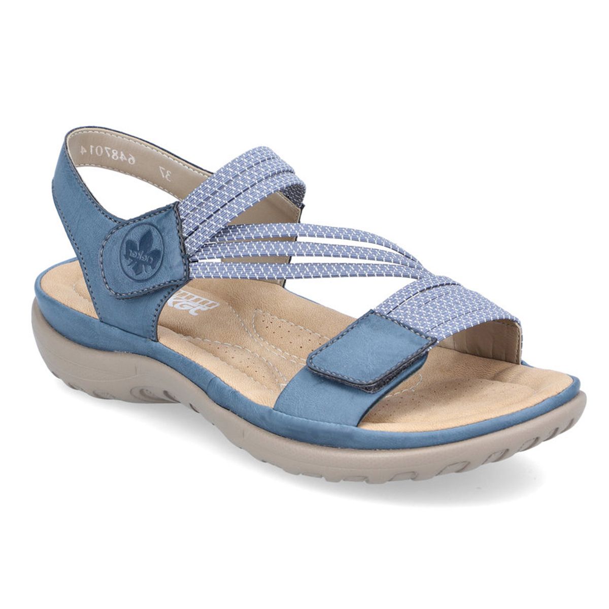 Rieker 64870 women’s Velcro sandal in blue with cushioned footbed, adjustable straps, and lightweight sole – available at Walking on a Cloud Canada.