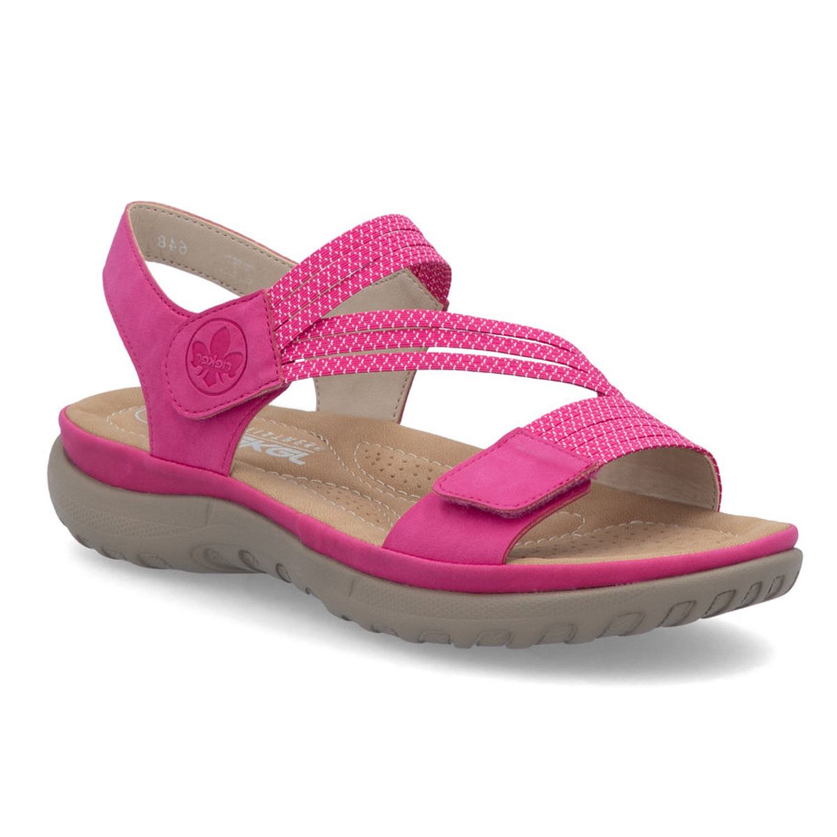 Rieker 64870 women’s Velcro sandal in Fuchsia with cushioned footbed, adjustable straps, and lightweight sole – available at Walking on a Cloud Canada.