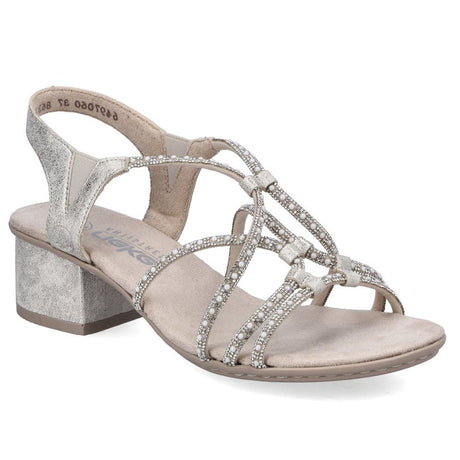 Beige block heel sandal with shimmering metallic straps and rhinestone embellishments. Style #64970-60