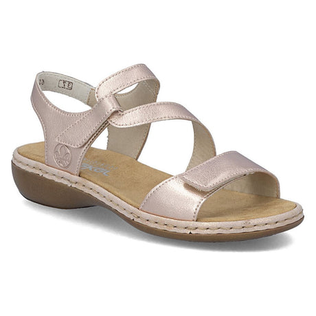 Women's metallic copper sandal with three adjustable straps, tan footbed, and a low brown wedge heel. Style #659C7-89