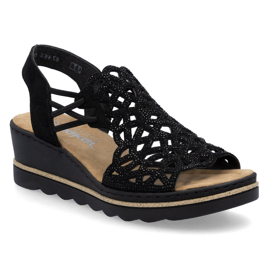 Women's black wedge sandal with rhinestone laser-cut upper, elastic heel straps, and a tan cushioned footbed. Style #67465-00