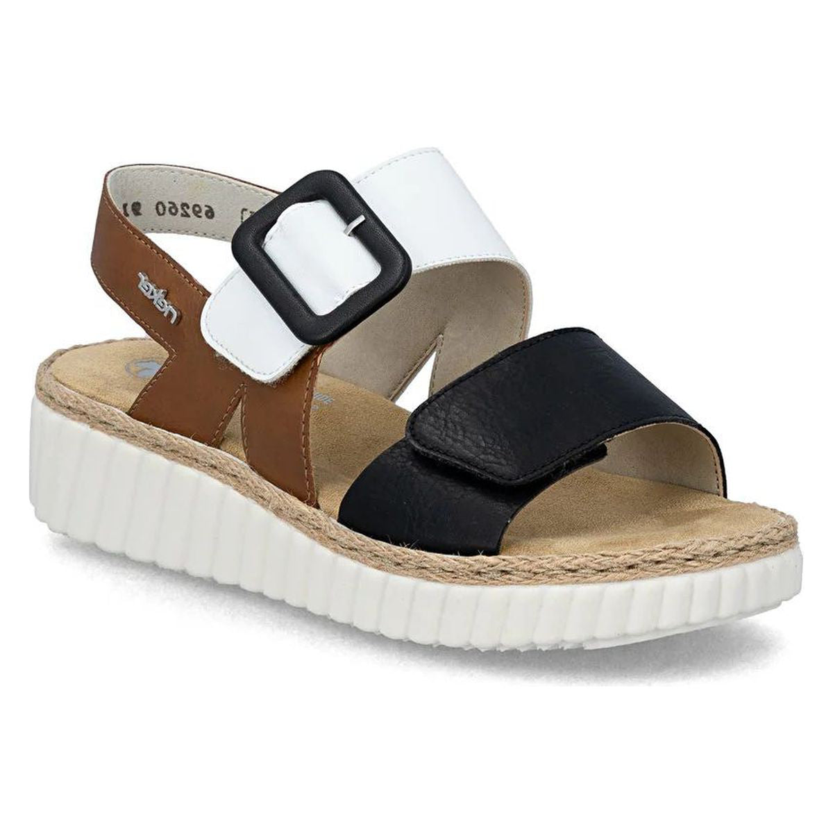 Women's multi-colour sandal with black, white, and tan straps, a large buckle, and white platform sole. Style #69172-91