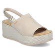 Women’s beige wedge sandal with a metallic slingback strap, textured platform sole, and tan cushioned footbed. Style #69460-62