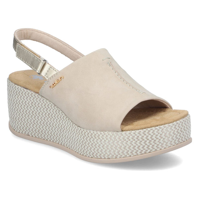 Women’s beige wedge sandal with a metallic slingback strap, textured platform sole, and tan cushioned footbed. Style #69460-62