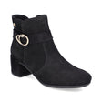 Black nubuck ankle boot with a low block heel, decorative gold-toned buckle on the strap, and side zipper closure. Style #70289-00.