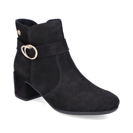 Black nubuck ankle boot with a low block heel, decorative gold-toned buckle on the strap, and side zipper closure. Style #70289-00.