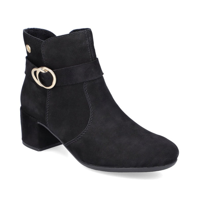Black nubuck ankle boot with a low block heel, decorative gold-toned buckle on the strap, and side zipper closure. Style #70289-00.