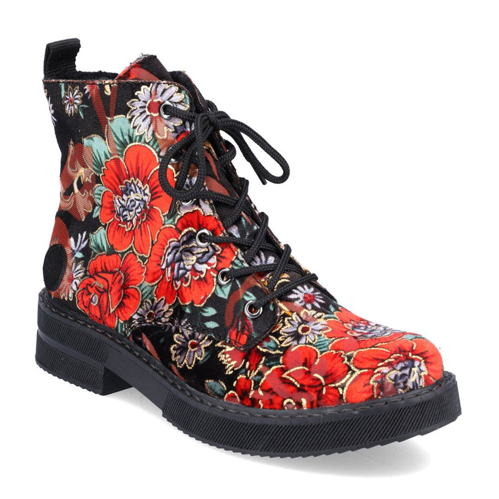 Women's black lace-up ankle boot with vibrant red and green floral pattern, side zipper, and chunky lug sole. Style # 72010-90