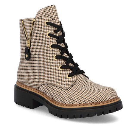 Women’s beige biker-style boot with checkered collar, lace-up and zip closure, rugged sole, and 46mm heel for bold, comfortable everyday wear. Style #72617