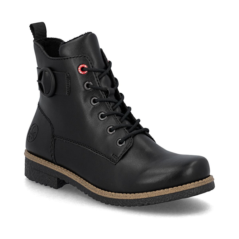 Black leather mid-height boot with front laces, red top eyelet, side buckle detail, and dark sole. Style # 73520-00