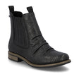 Black women's Chelsea boot with leather upper, elastic side panel, side zipper, low 30mm heel, and water-repellent finish for casual cold-weather style. Style #74855-00