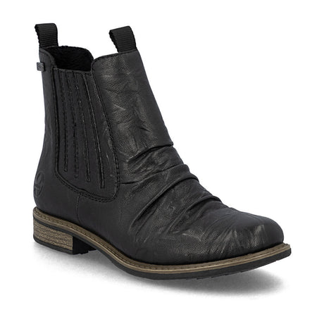 Black women's Chelsea boot with leather upper, elastic side panel, side zipper, low 30mm heel, and water-repellent finish for casual cold-weather style. Style #74855-00