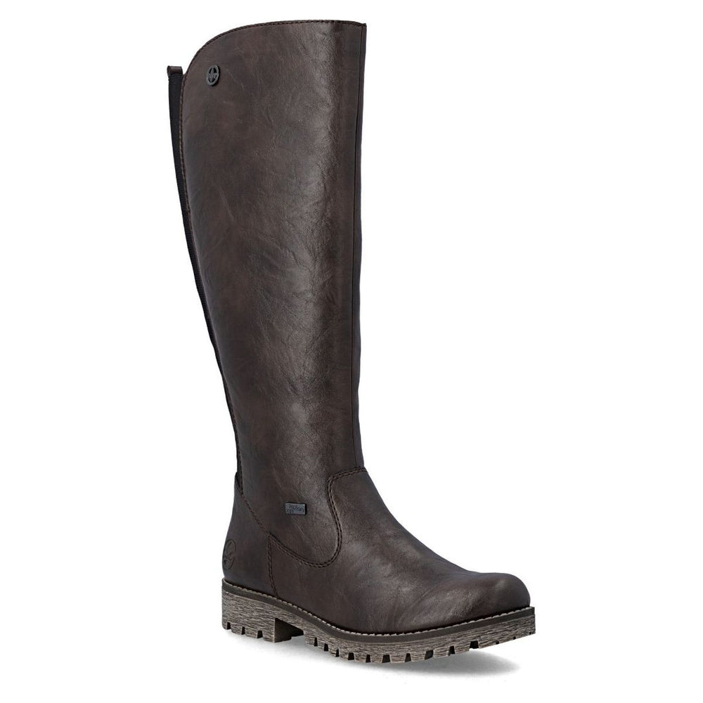 Rieker dark brown tall waterproof boot with side zipper, subtle heel logo, and low stacked lug sole. Style #78554-25
