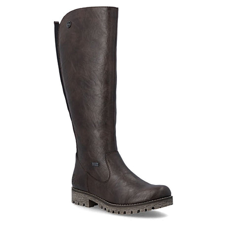 Rieker dark brown tall waterproof boot with side zipper, subtle heel logo, and low stacked lug sole. Style #78554-25