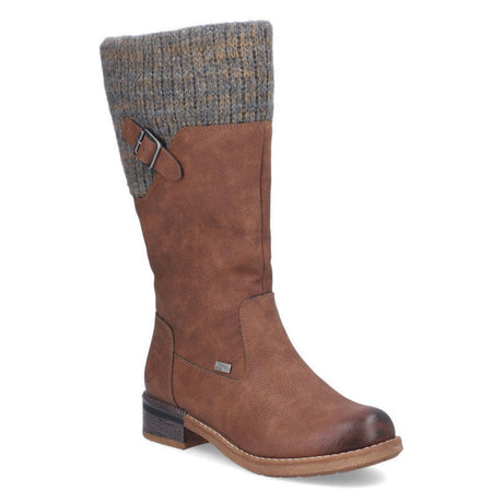 Rieker 94692 Women’s Dark Brown High Boots with synthetic leather upper, knit shaft collar, zipper closure, warm lining, 39mm heel, and grippy sole. RiekerTex Waterproof boot. 