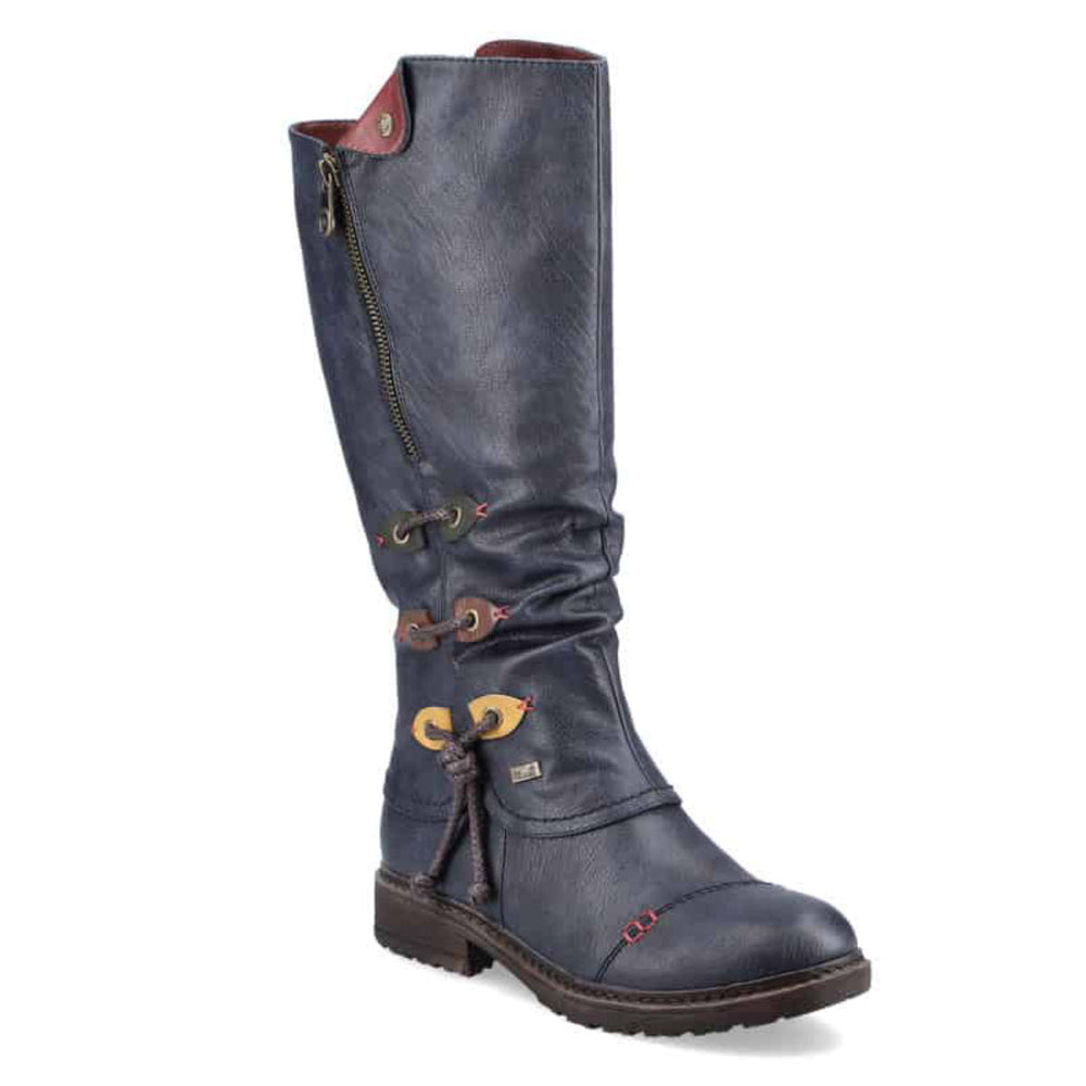 Ocean blue women’s high boot with full-length zipper, cozy fleece lining, decorative side strap, and rugged treaded sole for winter-ready style and warmth. Style #94791-14