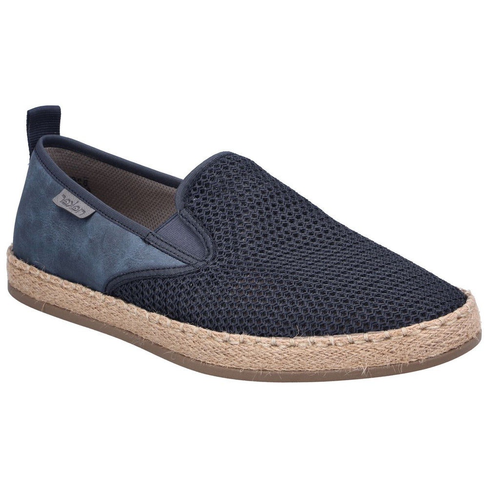 Men's navy blue mesh slip-on shoe with a blue heel counter, espadrille jute midsole, and brown rubber sole. Style #B2661-14