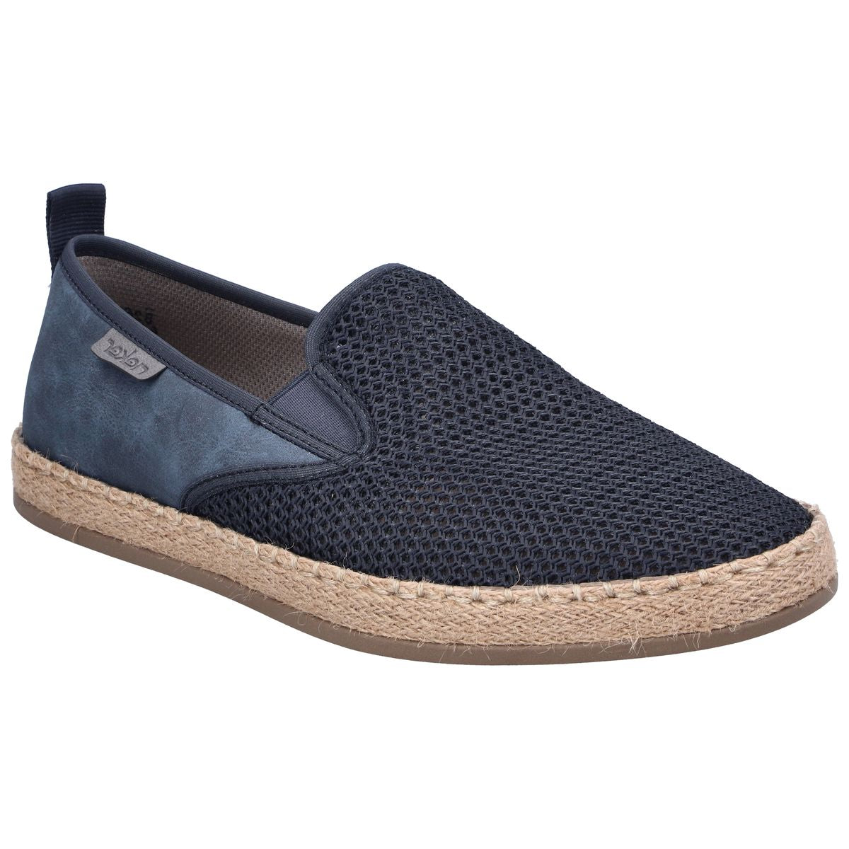 Men's navy blue mesh slip-on shoe with a blue heel counter, espadrille jute midsole, and brown rubber sole. Style #B2661-14