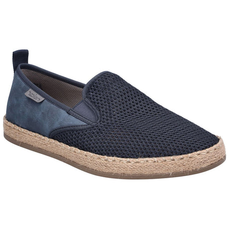 Men's navy blue mesh slip-on shoe with a blue heel counter, espadrille jute midsole, and brown rubber sole. Style #B2661-14