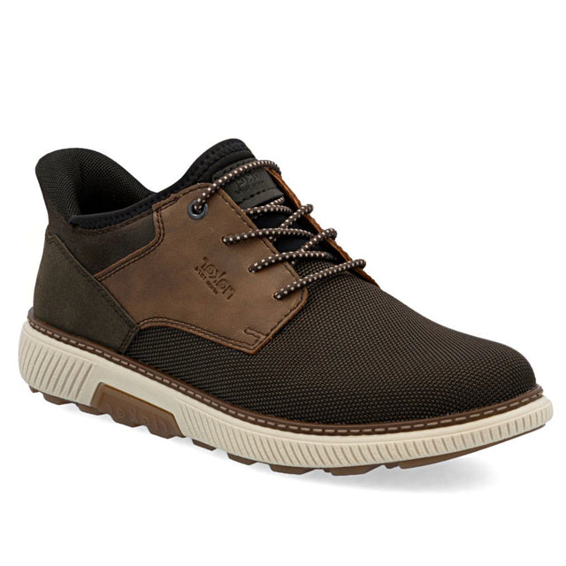 Rieker Style #B3357-25 men's brown suede leather wide lace-up dress shoe with round toe and textured sole.