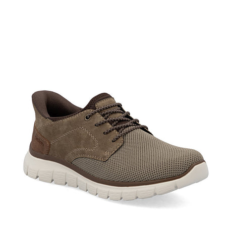 Men’s taupe slip-on shoe with soft fabric upper, stretch side panels, cushioned footbed, and a lightweight, textured EVA sole for flexible support. Style #B6658-64