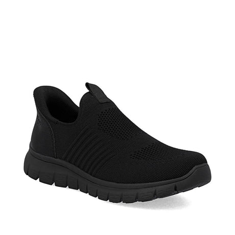 Rieker B6659-01 men's black knit slip-on shoe with a textured upper and comfortable sole.