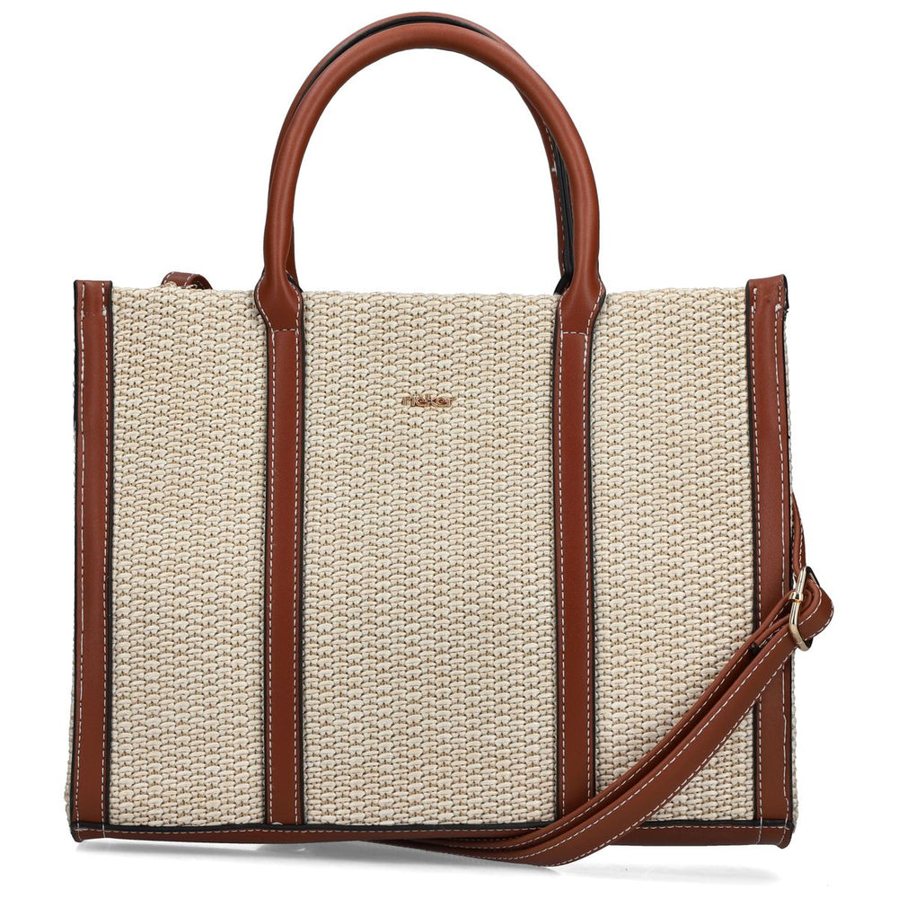 Women's beige woven straw-style tote bag with brown leather handles and adjustable shoulder strap. Style #H1013-60