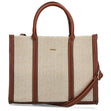 Women's beige woven straw-style tote bag with brown leather handles and adjustable shoulder strap. Style #H1013-60
