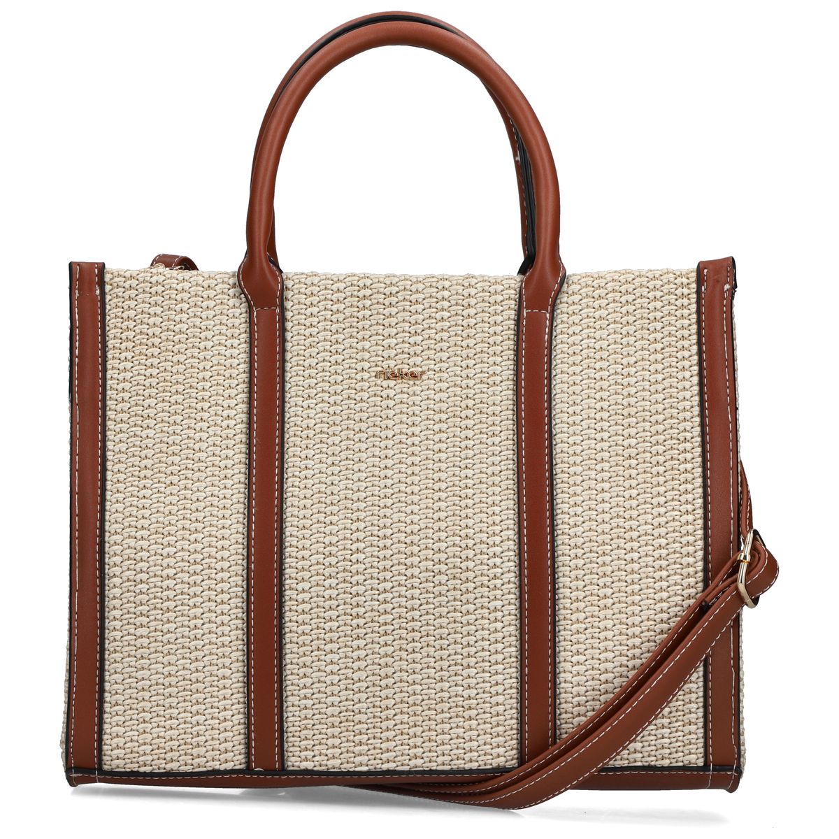 Women's beige woven straw-style tote bag with brown leather handles and adjustable shoulder strap. Style #H1013-60