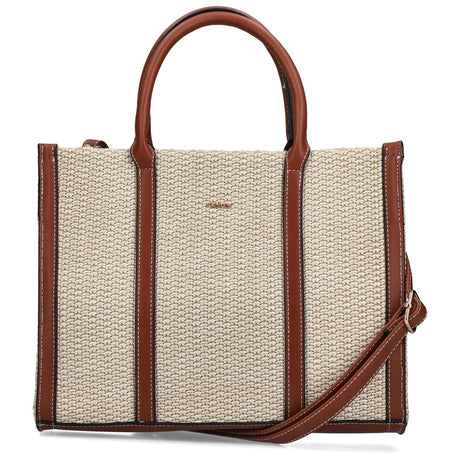 Women's beige woven straw-style tote bag with brown leather handles and adjustable shoulder strap. Style #H1013-60