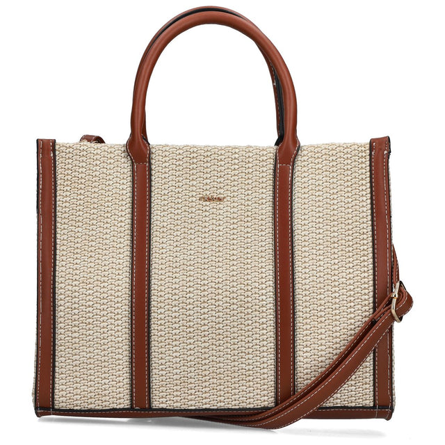 Women's beige woven straw-style tote bag with brown leather handles and adjustable shoulder strap. Style #H1013-60