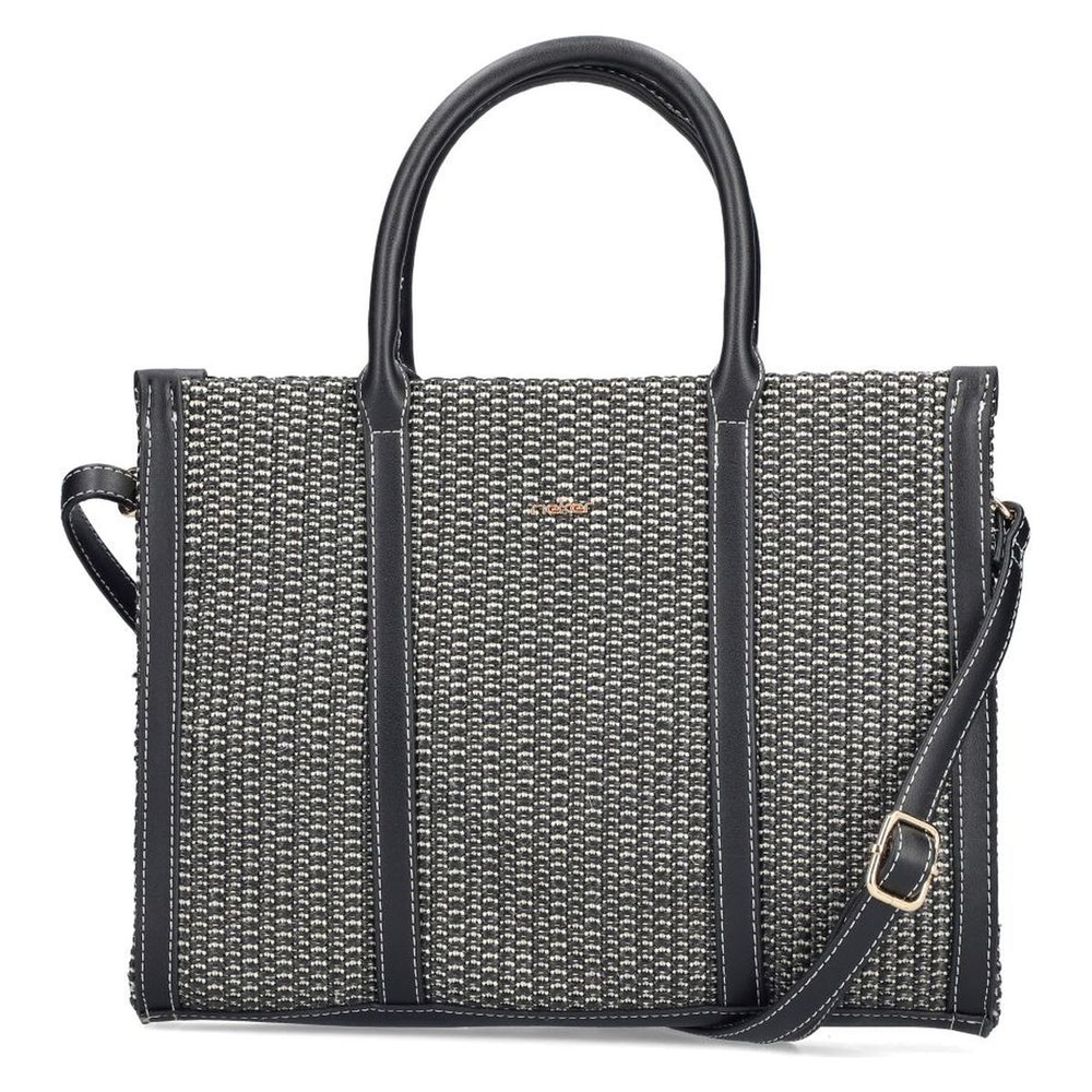 Women's black and white woven tote bag with black trim, double top handles, and adjustable shoulder strap. Style #H1013-92