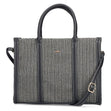 Women's black and white woven tote bag with black trim, double top handles, and adjustable shoulder strap. Style #H1013-92