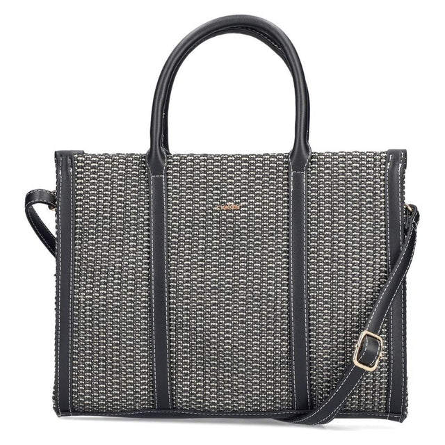 Women's black and white woven tote bag with black trim, double top handles, and adjustable shoulder strap. Style #H1013-92
