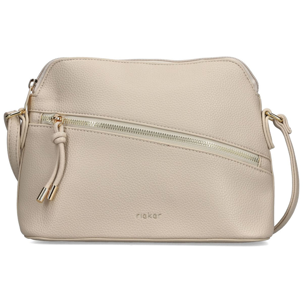 Women's beige pebbled faux-leather crossbody handbag with diagonal front zip pocket and adjustable strap. Style #H1031-60