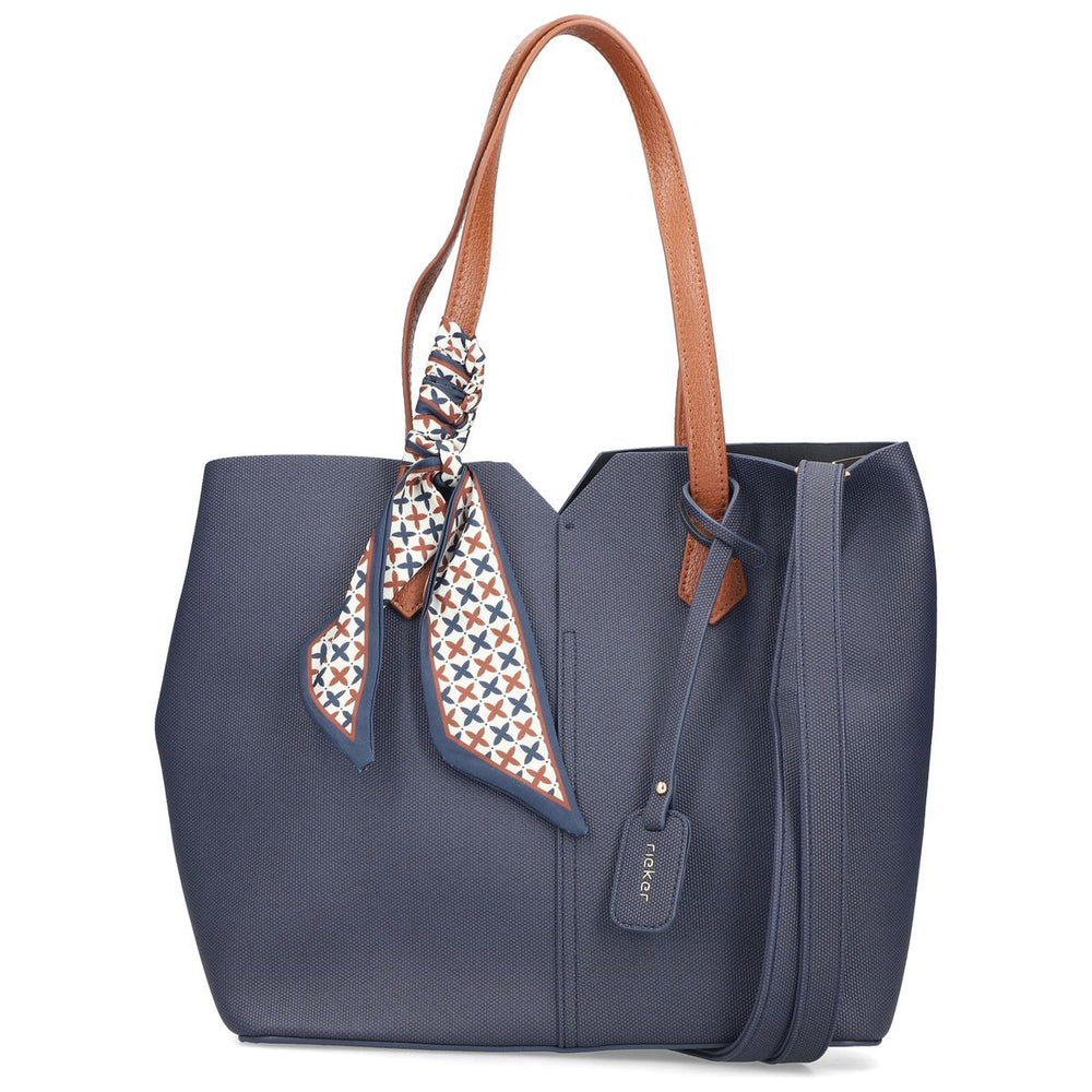 Women's blue shoulder bag with cognac handles, patterned scarf accent, logo tag, and shoulder strap. Style #H1045-14