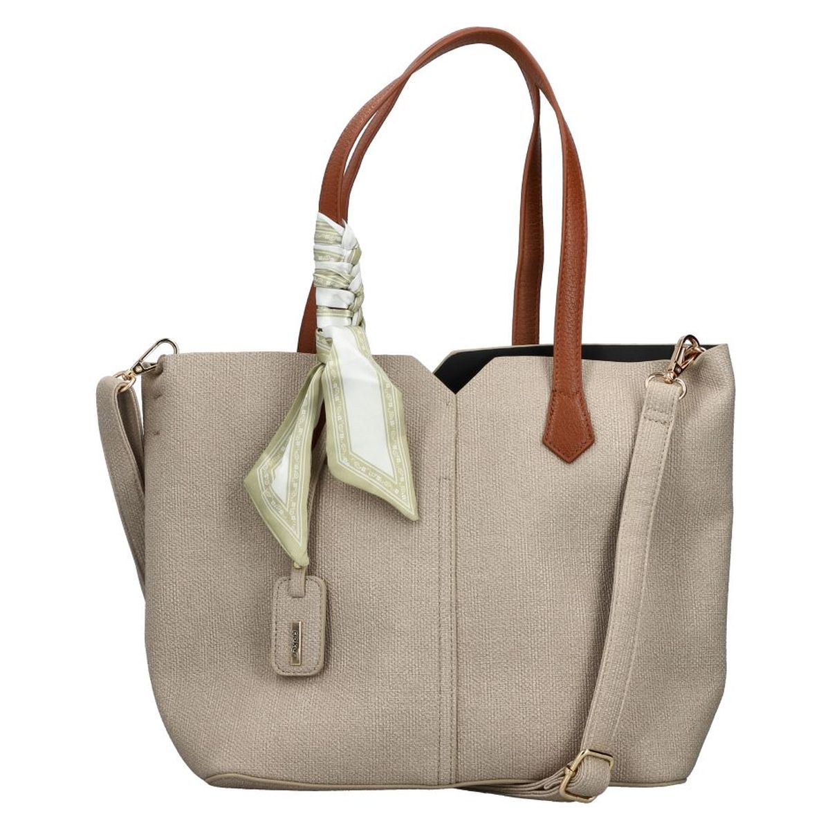 Women's beige canvas-look shoulder bag with cognac brown handles, green tied scarf accent, and shoulder strap. Style #H1045-60