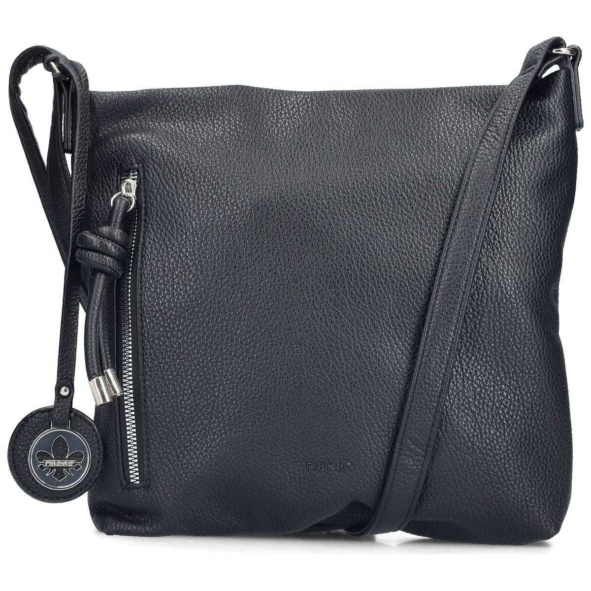 Women's black pebbled faux-leather crossbody handbag with vertical side zip pocket, charm tag, and strap. Style #H1073-00