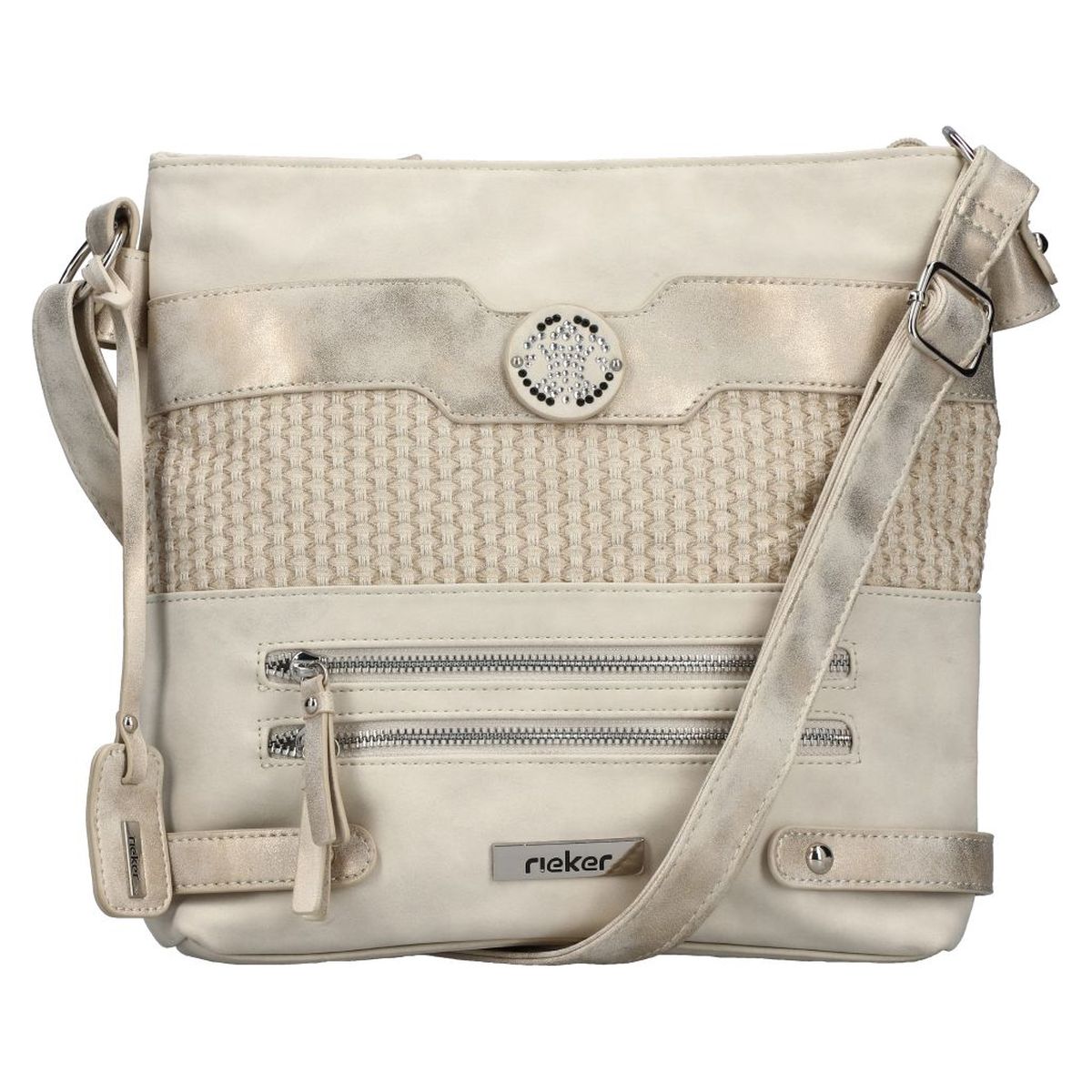 Women's beige and metallic shoulder bag with woven panel, rhinestone emblem, dual zip pockets, and strap. Style #H1346-92