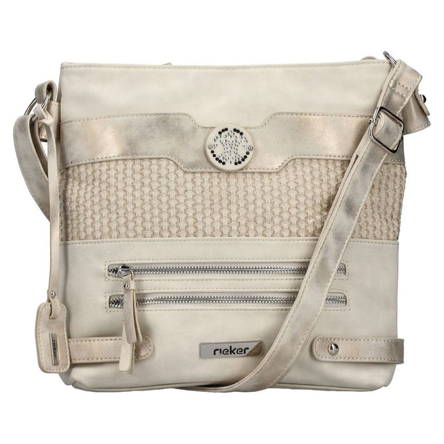 Women's beige and metallic shoulder bag with woven panel, rhinestone emblem, dual zip pockets, and strap. Style #H1346-92
