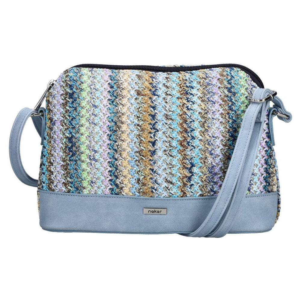 Women's blue multi-coloured woven stripe crossbody handbag with light blue base trim and shoulder strap. Style #H1510-90