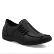 Women’s black leather slip-on shoe with elastic side gores, slim profile, stitchdown construction, and low 22mm heel for everyday comfort and style. Style #L1777-00