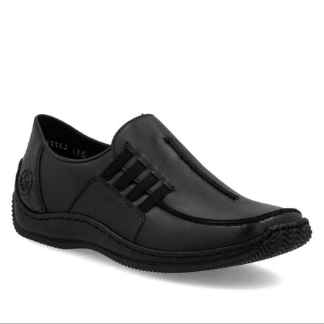Women’s black leather slip-on shoe with elastic side gores, slim profile, stitchdown construction, and low 22mm heel for everyday comfort and style. Style #L1777-00