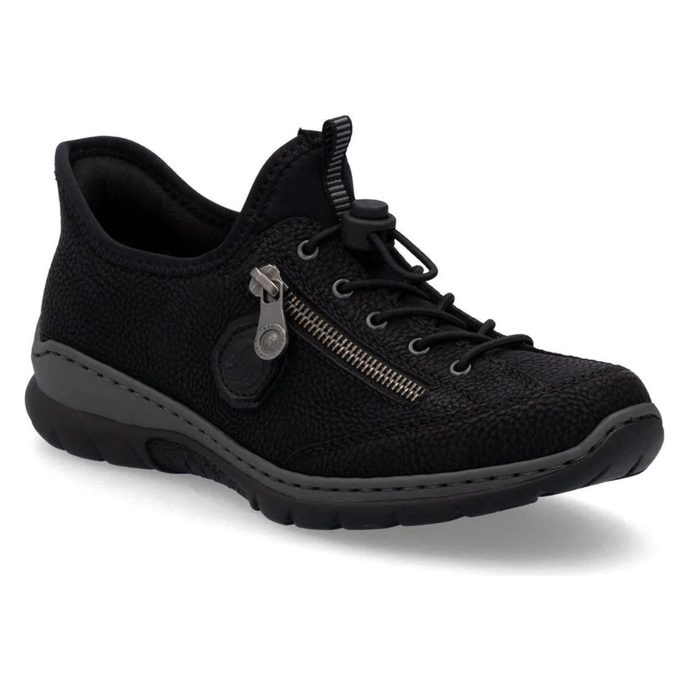 Black Rieker sneaker L32F1-00 with side zip detail and bungee laces. Casual comfort footwear.